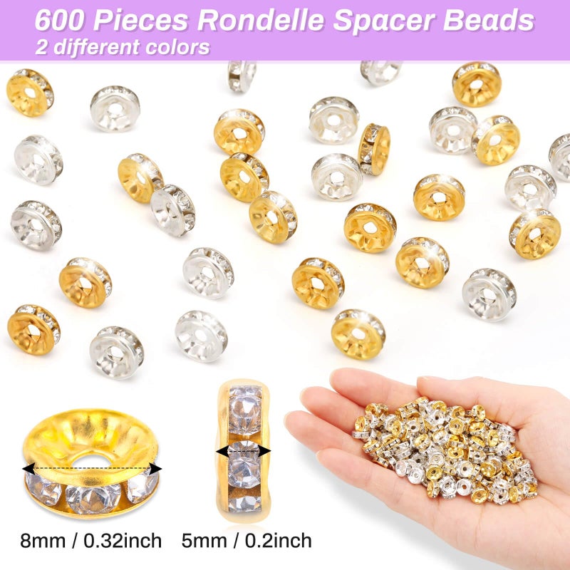 shynek Rondelle Spacer Beads for Jewelry Making  600 Pieces Rhinestone Spacer Beads Crystal Bead Spacers for Bracelets  Focal Beads for Pens(Silver and Gold) - Image 3